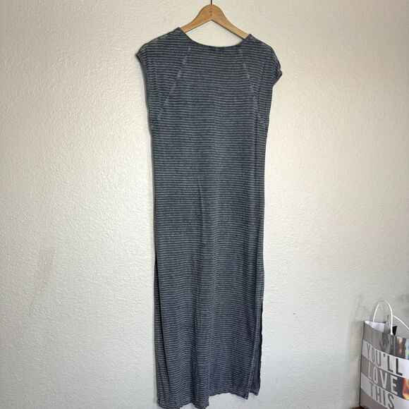 Wrap London Dress Women 6 Blue Striped Hemp Blend Cap Sleeve Midi Distressed - Picture 2 of 7